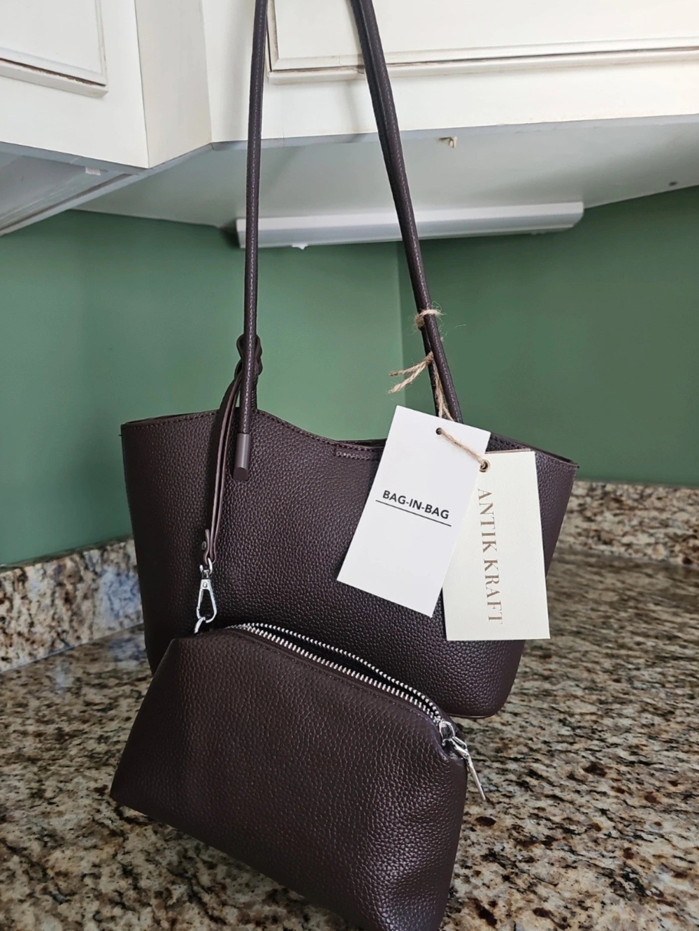 Antik Kraft Dark Brown Pebbled Leather Tote with Inner Pouch